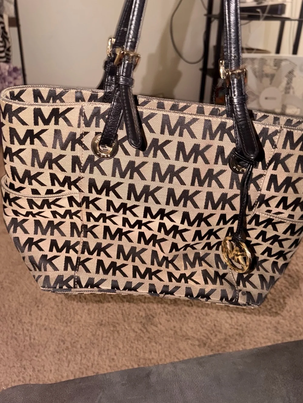 Michael Kors Black & Beige MK Logo Tote with Gold Accent